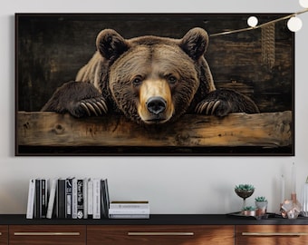 Grizzly Bear Rustic Wall Art – Wilderness Elegance for Above Bed or Cabin Decor, Perfect Man Cave or Lodge Bear Painting Print