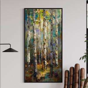 May include: An abstract painting of birch trees in a forest, with a black frame. The artwork features vertical brushstrokes in shades of white, green, yellow, and blue. A wooden hand-shaped chair is next to the painting.