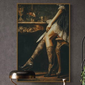 Gothic Noir Kunstdruck – Dunkle, elegante Frau mit Messer im Barock-Vintage-Stil