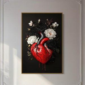 Anatomical Heart with Roses – Bold Gothic Canvas, Black & White Rose Art Print, Mystical Dark Botanical Decor, Perfect Above Bed or Couch