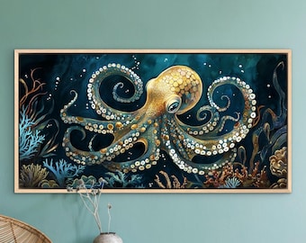Octopus Art Print – Blue & Gold Ocean Wall Art, Underwater Marine Artwork for Coastal Decor