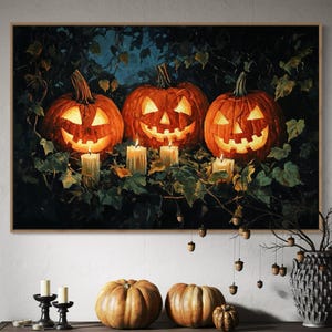Halloween Pumpkin Wall Art Print – Spooky Jack-O’-Lanterns with Candles, Dark Autumn Gothic Home Decor