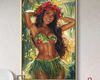 Lámina artística de bailarina de hula tropical: decoración de pared isleña con rojo hibisco y verde tropical
