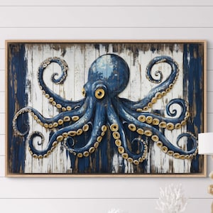 Blue Octopus Wall Art - Nautical Canvas Decor, Rustic Marine Life Print, Coastal Home Artwork for Living Room or Above Bed Decor