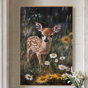 Arte de parede de cervo bebê - Impressão em tela realista de cervo, decoração rústica perfeita para berçário ou decoração de quarto inspirada na vida selvagem com flores