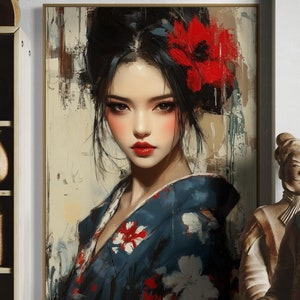 Japanese Woman Wall Art - Elegant Floral Kimono Canvas, Bold Cultural Portrait Print, Oriental-Inspired Decor for Living Room or Above Bed