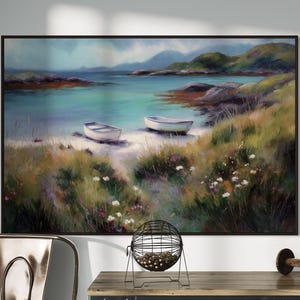Coastal Serenity Art Print – Tranquil Beach Landscape with Rowboats, Coastal Wall Art, Seaside Decor, Peaceful Ocean Painting PRINT