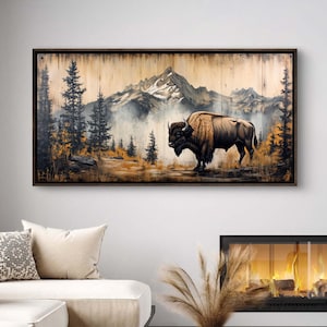 Amerikanischer Bison Panorama Landschaft - Vintage Kunstdruck für rustikale Haus Dekoration, atmosphärische Berg Wildnis Kunst für Mann Höhle Dekor
