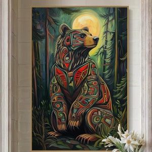 Tribal Bear Canvas – Pacific Northwest Wildlife Art, Haida Animal Print for Rustic Lodge Decor for Bedroom, Living Room