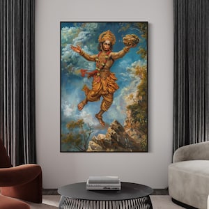 Divine Flight: Lord Hanuman Canvas Art Print, Spiritual Hindu Wall Decor, Zen Meditation Poster for Religious Artwork Enthusiasts
