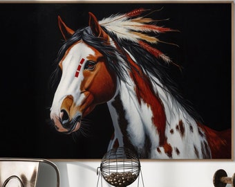 Canvaskunst inheemse paard - extra grote tribale schilderijafdruk van Amerikaans verfpaard, perfect westers decor en cadeau voor paardenliefhebber