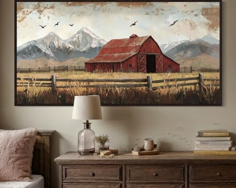 May include: A painting depicting a red barn with a wooden fence in front of it. The barn is situated against a backdrop of snow-capped mountains and a blue sky with white clouds.
