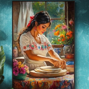 Mexican Kitchen Wall Art - Vibrant Tortilla-Making Canvas Print, Rustic Dining Room Decor, Colorful Floral Artwork for Living Room