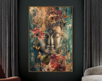 Collage de Buda sereno y loto, lámina decorativa de pared zen tranquila, lienzo de Buda espiritual con pan de oro, decoración de pared asiática para estudio de yoga