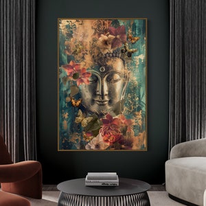 Serene Buddha and Lotus Collage, Tranquil Zen Wall Decor Print, Spiritual Gold Leaf Buddha Canvas Art, Asian Wall Art Yoga Studio Decor