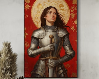 Joan of Arc Feminine Power Art - Heroic Female Knight Illustration in Red and Gold, Inspiring Historical Figure Canvas