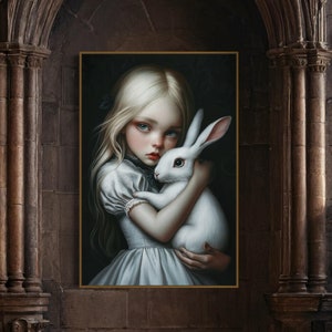 Mystical Girl With Rabbit Art - Alice in Wonderland Style, Fairytale Art Print for Dark Academia and Gothic Room Decor