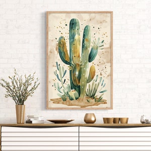 Sage Green Watercolor Cactus Print - Minimalist Desert Canvas for Simple Botanical Coquette Room Decor
