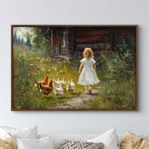May include: A young girl in a white dress walks through a grassy field with a group of chickens. The chickens are white with red combs and wattles. The girl is walking away from the viewer, and the chickens are following her.