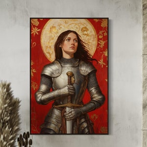 Joan of Arc Feminine Power Art - Heroic Female Knight Illustration in Red and Gold, Inspiring Historical Figure Canvas