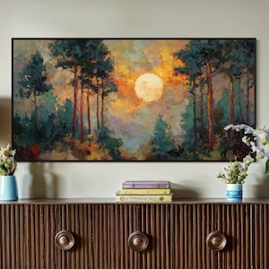 Sunset Forest Art Print – Impressionist Landscape Wall Art, Glowing Sun Painting, Woodland Sunset Decor, Rustic Landscape Print