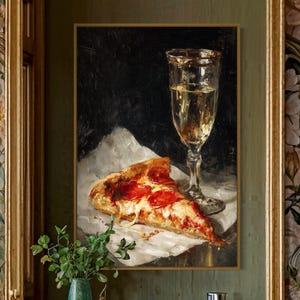 Pizza And Wine Wall Art – Modern Still Life Kitchen Print, Moody Food Painting, Pepperoni Slice Artwork, Funny Gourmet Decor