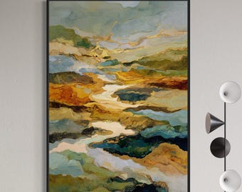 Abstract Landscape Art Print – Gold And Teal Modern Wall Art, Earth Tone Painting Print, Contemporary Coastal And Boho Decor