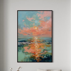 Lámina artística de puesta de sol sobre el océano: arte mural de paisaje marino colorido, pintura abstracta de puesta de sol.