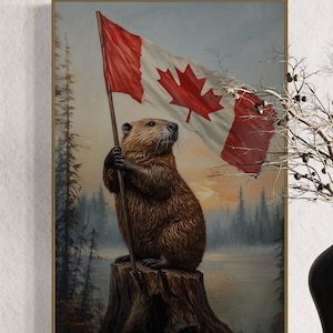 Canadian Beaver Canvas – Rustic Wildlife Art, Patriotic Canada Flag Print, Misty Forest Wall Art for Living Room, Cabin, or Above Bed
