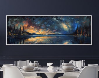 Starry Night Over the Lake: Vibrant Panoramic Wall Art Print, Narrow Canvas with Forest Print and Water Reflection, Ideal Lake House Decor