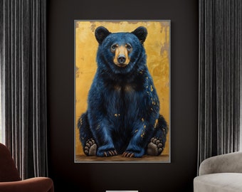 Arte do Urso Preto - Impressão de Animais da Floresta com Fundo Dourado, Pôster de Vida Selvagem Perfeito para Decoração de Casa e Quarto Infantil