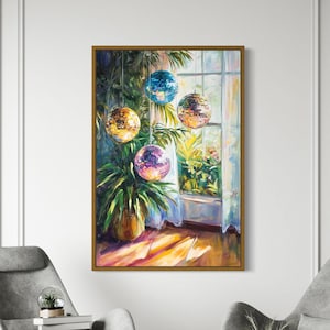 Disco Ball Art Print - Vibrant Tropical Canvas Print with Retro Glam, Boho Chic Style, and Lush Greenery for Funky and Stylish Home Decor