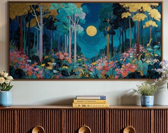 Moonlit Forest Art Print – Enchanted Night Landscape, Mystical Nature Wall Art, Golden Tree Decor, Dreamy Fantasy Woodland Print