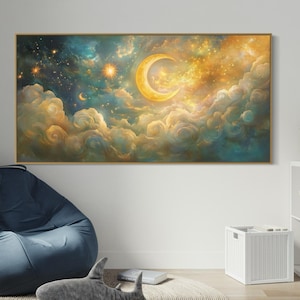 Dreamy Celestial Wall Art - Starry Night Canvas with Crescent Moon, Golden Stars, and Clouds, Mystical Sky Print for Cosmic-Inspired Decor