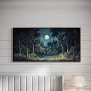 Enchanted Moonlit Forest Art - Mystical Starry Night Print for Moody Home Decor, Twilight Woodland Painting Print