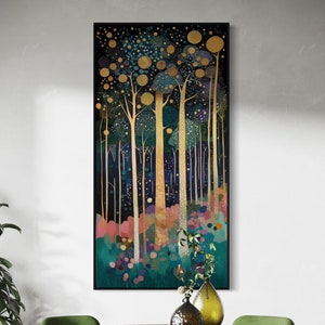 Magical Abstract Forest – Klimt-Inspired Abstract Tree Print with Gold Accents, Tranquil Vertical Narrow Decor, Nature Scene for Above Bed