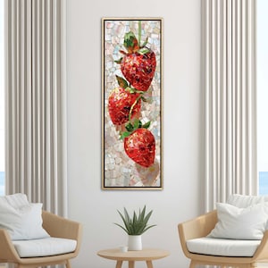 May include: A painting of three red strawberries on a vine, with a white background. The strawberries are painted in a mosaic style, with small, colorful tiles.