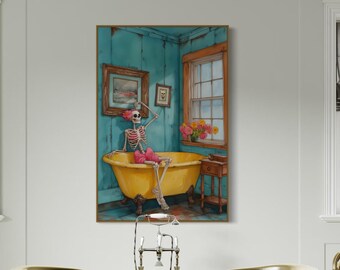 Whimsical Skeleton Bathroom Art - Quirky Halloween Poster for Funny Home Decor and Spooky Halloween Weird Room Decor