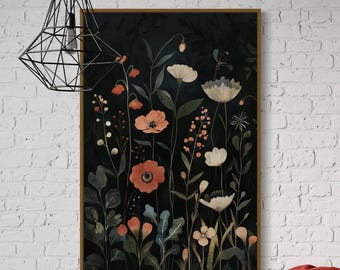 Lámina decorativa floral oscura para pared: ilustración botánica de flores con un toque melancólico, decoración floral vintage moderna, lámina de flores silvestres para dormitorio u oficina.