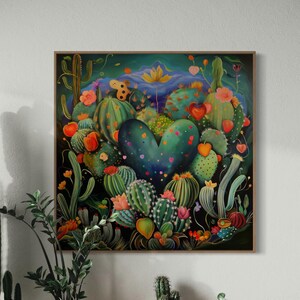 Vibrant Heart-Shaped Cactus Garden - Whimsical Desert Landscape Art Print for Romantic Hallway and Southwest Decor