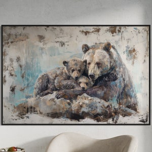 Giant Grizzly Bear Family - Rustic Home Decor, Beautiful Bear Painting Print with Cubs, Perfect Wildlife Poster for Woodland Lovers