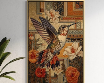 Hummingbird Art Print – Floral Bird Wall Art in Warm Gold & Teal, Elegant Nature Decor