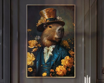 Gentleman Capybara - Victorian Artwork with Dark Floral Print, Whimsical Capybara Art For Dark Academia and Weird Home Decor