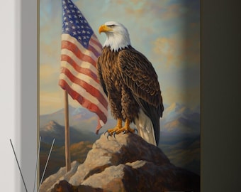 Majestic Bald Eagle Canvas – Patriotic Wall Art with American Flag, Rustic Mountain View Print, USA Pride Decor for Living Room, Bedroom