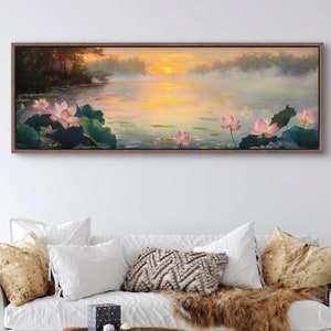 Tranquil Lotus Pond Canvas Art - Panoramic Sunrise Print with Water Lilies, Peaceful Wall Decor for Above Couch or Bed