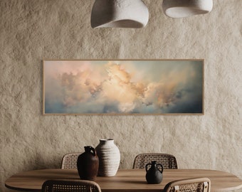Skyscape Panorama - Gentle Cloud Painting Print, Soothing Above Bed Decor, Long Narrow Bedroom Art with Ethereal Sky