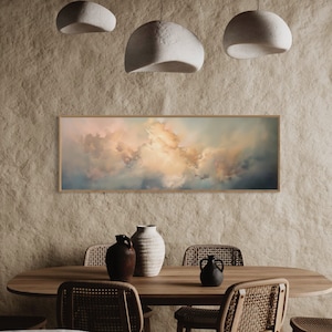 Skyscape Panorama - Gentle Cloud Painting Print, Soothing Above Bed Decor, Long Narrow Bedroom Art with Ethereal Sky