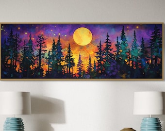 Magical Forest Art Print - Vibrant Panoramic Canvas with Mystical Moonlight, Celestial Night Sky Art