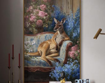Känguru auf Vintage Sofa Leinwanddruck - Wunderliche Tier Kunst, Lustige Blumenmalerei Viktorianische Wanddekoration, Cottagecore Druck