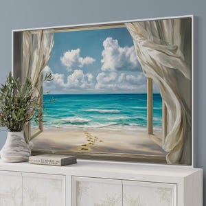 Ocean Window View With Footprints – Coastal Beach House Wall Art Print, Nautical Seaside Decor, Tranquil Ocean Painting PRINT